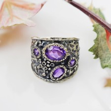 Natural Gemstone Amethyst Sterling Silver Ring Hammered Handmade Fine Jewelry 7'