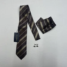 Barry Wang Brown Paisley Diagonal Striped Tie and Hanky Set Round Cuff Links