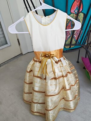 Gold and white toddler formal dress with petticoat, ribbon back, detachable bow