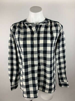 Ann Taylor Loft Black Ivory Gingham Plaid Shirt Top Henley XS Nice!