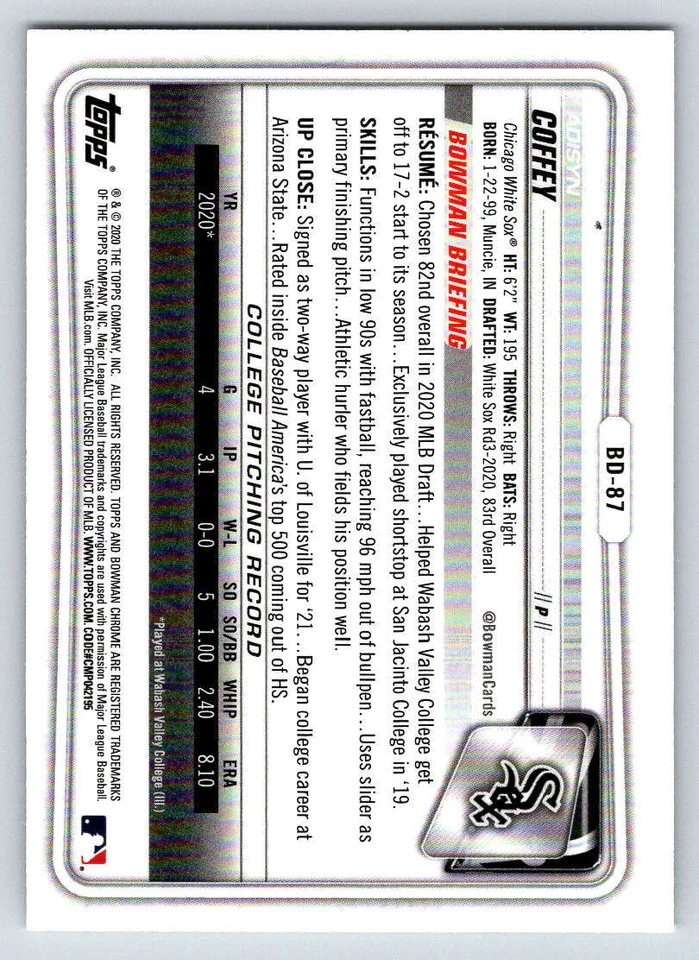 2020 Bowman Chrome Draft #BD87 Adisyn Coffey (ref 213823) - Image 2 of 2