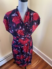 CHAPS Dress Red Black Floral Faux Wrap V Neck Size L Party Holiday