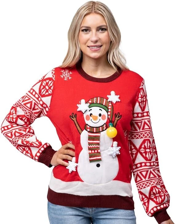 Adult Christmas Snowman Ugly Sweater LED Light Up Xmas Sweater
