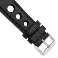 24mm Black Grand Prix Leather Black Stitch Silver-tone Buckle Watch Band