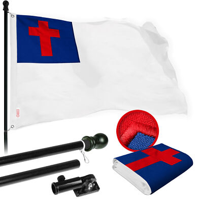 Combo: 5 Ft Flagpole Black & Christian Flag 2x3 Ft Embroidered 220GSM Spun Poly
