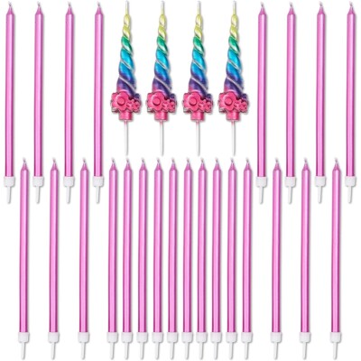 28-Piece Rainbow Unicorn Horn Birthday Cake Candles Set for Party Dessert Décor