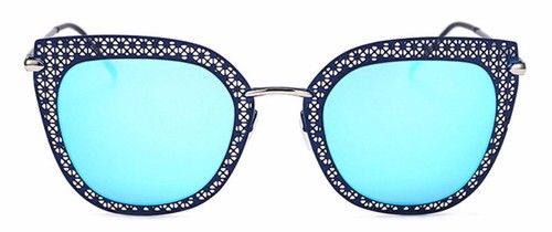 86018 C6 CATEYE FASHION SUNGLASSES METAL SILVER FRAME BLUE MIRROR LENS - Picture 2 of 3