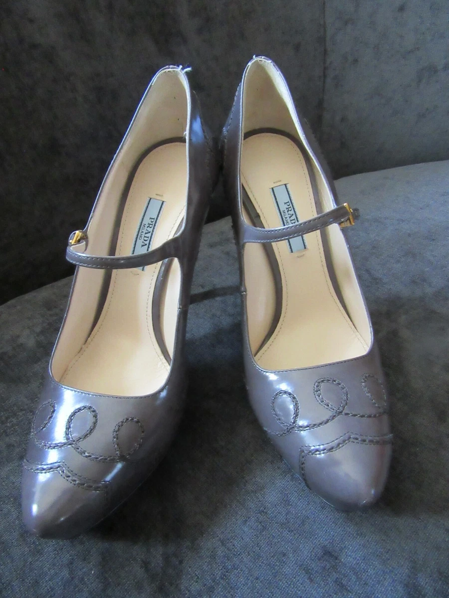 New PRADA Gray Leather Platform Mary Jane Pumps Size 39 9 US