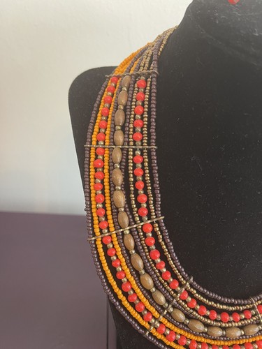 Vintage 80s Choker Boho necklace Tribal Bib Multi-strand Wood Orange Beaded - Picture 6 of 10