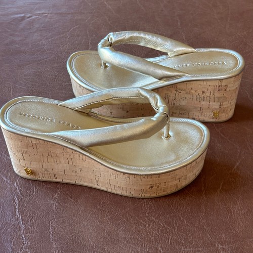 Veronica Beard Geno Cork Wedge Platform Sandal Size 6 Gold Metallic Leather - Picture 5 of 14
