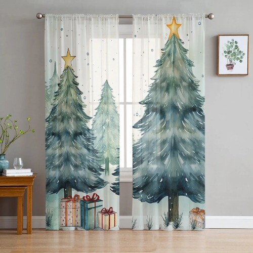 Christmas Snow Christmas Tree Tulle Curtain for Decor Window Voile Tulle Curtain - Bild 10 von 40