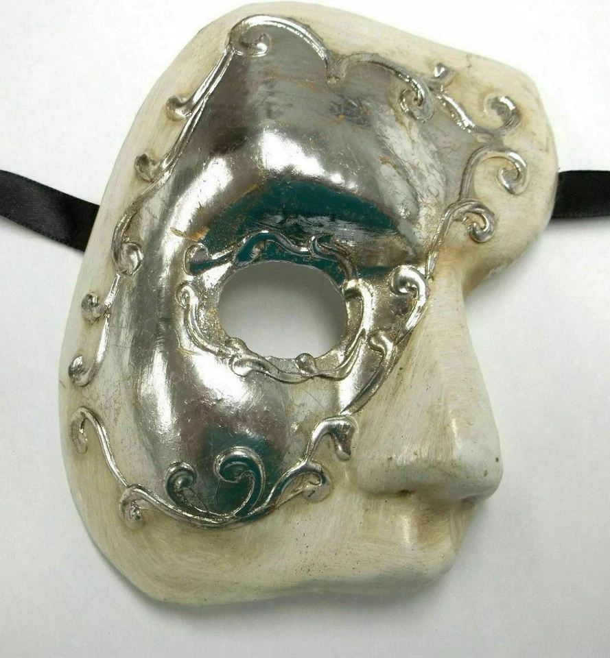 White Silver Foil Phantom of The Opera Costume Masquerade Mardi Gras Party Mask - Image 2 of 4