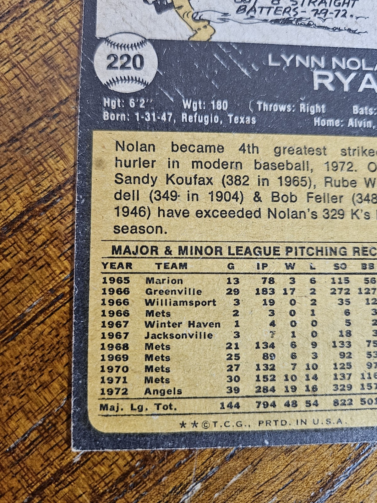 1973 TOPPS NOLAN RYAN BASEBALL CARD 220 EX SURFACE SCRATCHES ON BACK
