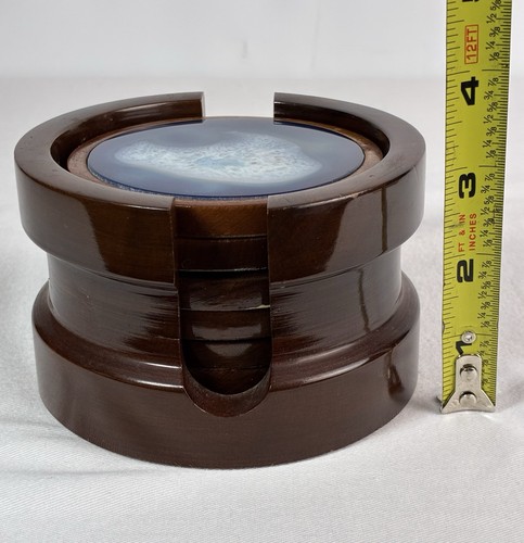 Vintage Polished Blue Agate Inlaid 6-Coaster Set w/ Wooden Holder, Complete - Picture 9 of 19