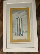 Framed Striped Beach Tent Print Nautical Signed Paul Brent 25x16 Aprox.