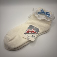 1 Pair Women's Vintage Terry Cuff Socks White Lace With Blue Bow 9-11 80s 90s