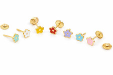 14k Yellow Gold Enamel Flower Screw Back Baby earrings