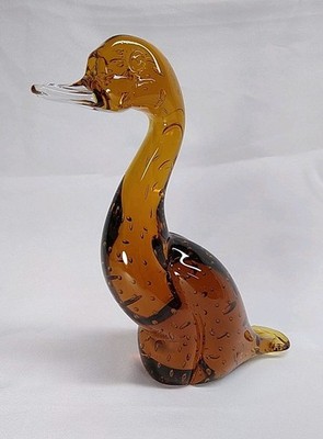 Murano Avem Controlled Bubbles Art Glass Duck Bird Figure Amber Brown Vintage 