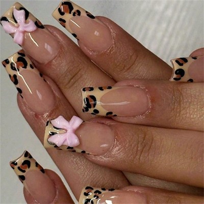 24x Leopard Print False Nail 3D Bows Press On Nail French Tip On Nail