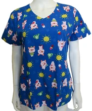 Zoe + Chloe Cotton Scrub Happy Pig Sunshine Garden Woman Top size Medium