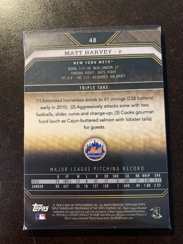 Matt Harvey Mets 125/150 Amber  48 2016 Topps Triple Threads - Image 2 of 2