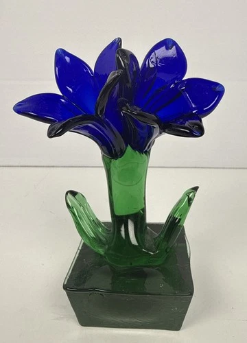 VTG Blue Art Glass Flower Figurine – Hand Blown Murano Style Glass Decor