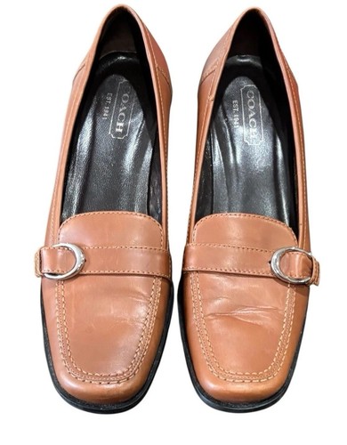 Coach Keely Women’s Loafer Pumps Shoes Heels Size 8B Brown Leather Buckle Italy - Picture 3 of 6
