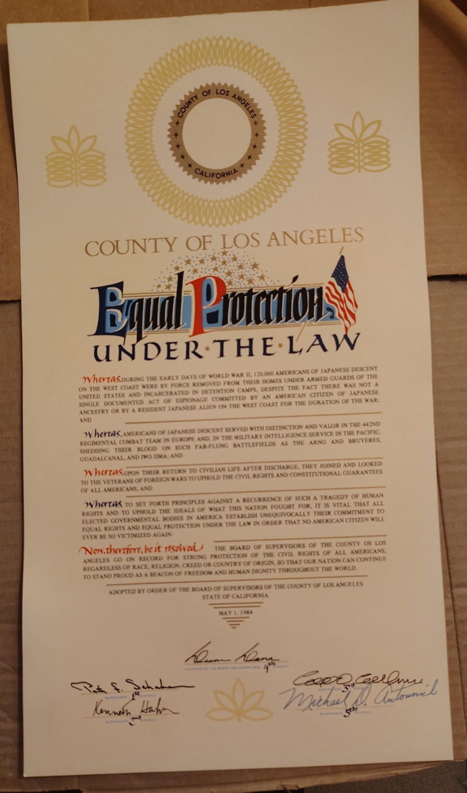 Proclamación de Los Ángeles Igual Protección Campamento de Internamiento Japonés Reparaciones