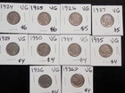 10 Circulated VG Buffalo Nickels 1924 to 1936D