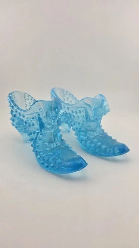Pair of Vintage Fenton Aqua Blue Opalescent Glass Hobnail Slipper Boot Cat Shoe