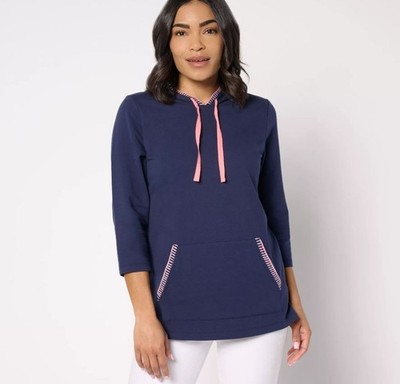 Denim and Co French Terry Hoodie Top with Kangaroo Pocket Size Small Navy Staple