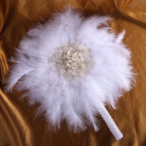 Plush Faux Feather Fur Wedding Bridal Hand Fan Crystal 3D Flower Prop Hand Fan - Picture 3 of 9