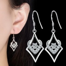 925 Sterling Silver Rhombus CZ Crystal Dangle Hook Earrings Women Girls Gift UK