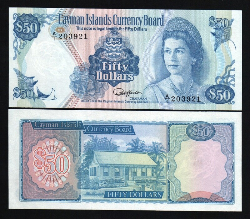 Cayman Islands 50 DOLLARS P-10 1974 Queen Elizabeth QE II UNC Fish Currency NOTE