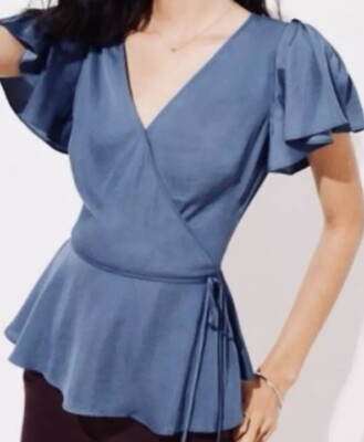 NWT Loft Blue True Wrap Flutter Sleeve Blouse XL Petite