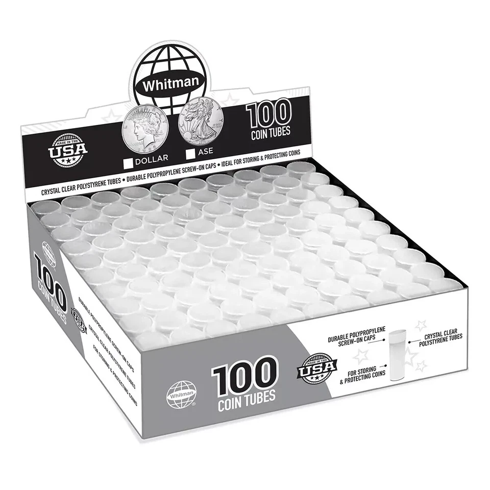 Tubos de monedas de dólar grandes (100 unidades) aptos para Morgans, Peace, Ikes - Whitman oficial