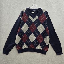 Club Room Men Sweater Large Blue Argyle Lambswool Long Sleeve V Neck