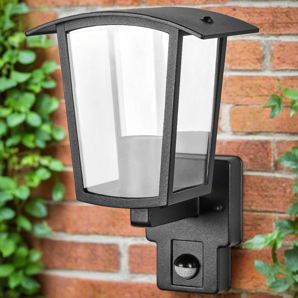 CGC ALLY Black E27 Outdoor Wall Light Lantern Clear Diffuser IP44 with PIR