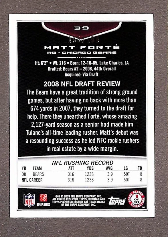 2009 Bowman Draft #39 Matt Forte /199 Blue Chicago Bears - Image 2 of 3