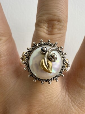 Designer Barbara Bixby 18K Yellow Gold & 925 Sterling Silver Pearl Sz 8