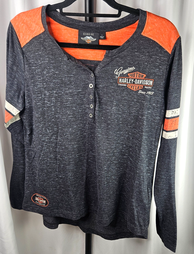 Harley Davidson Grey Striped Henley Gemstone Genuine Long Sleeve Shirt Women's L