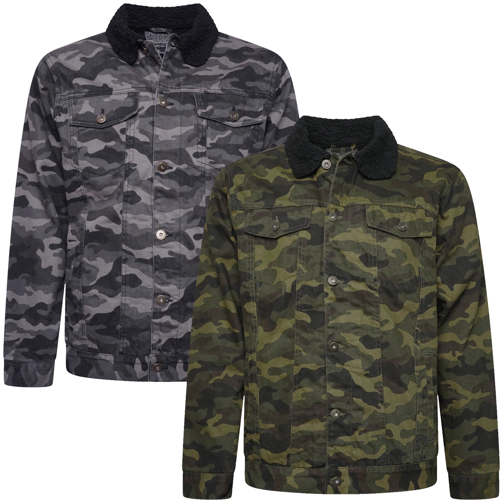 Mens Camouflage Jacket Sherpa Lined Denim Work Classic Warm Winter Button Coat