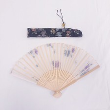 Vintage Wood And Paper Folding Hand Fan Floral Design  Holder Case