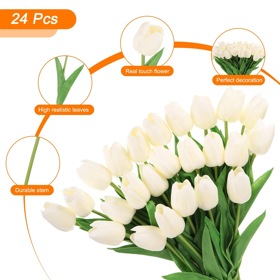 24Pcs Fake Tulips Artificial Flowers, PU Tulips with Stems, Yellow white - Image 3 of 4