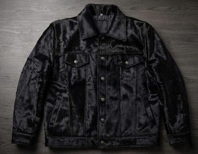 Handmade Men s Black Cowhide Hair-on Leather Trucker Jacket Luxury Fur Effect