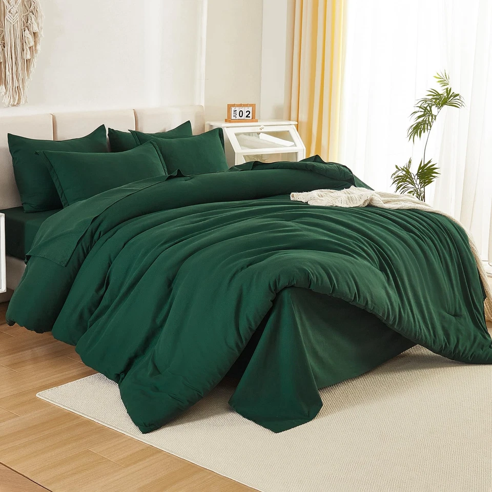 Juego de cama tamaño king 7 piezas, fundas de almohada edredón sábanas, verde esmeralda oscuro Foto 2 de 4
