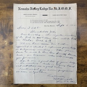 1915 IOOF Nemaha Valley Lodge 36 Letterhead Falls City NE Fraternal Antique