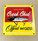 VINTAGE 10x10" CREEK CHUBB Official BAIT CASTER OIL PORCELAIN GAS SIGN