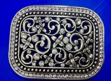 Flowers Floral Theme See-Trough Rhinestone Accented Silver Tone Belt Buckle