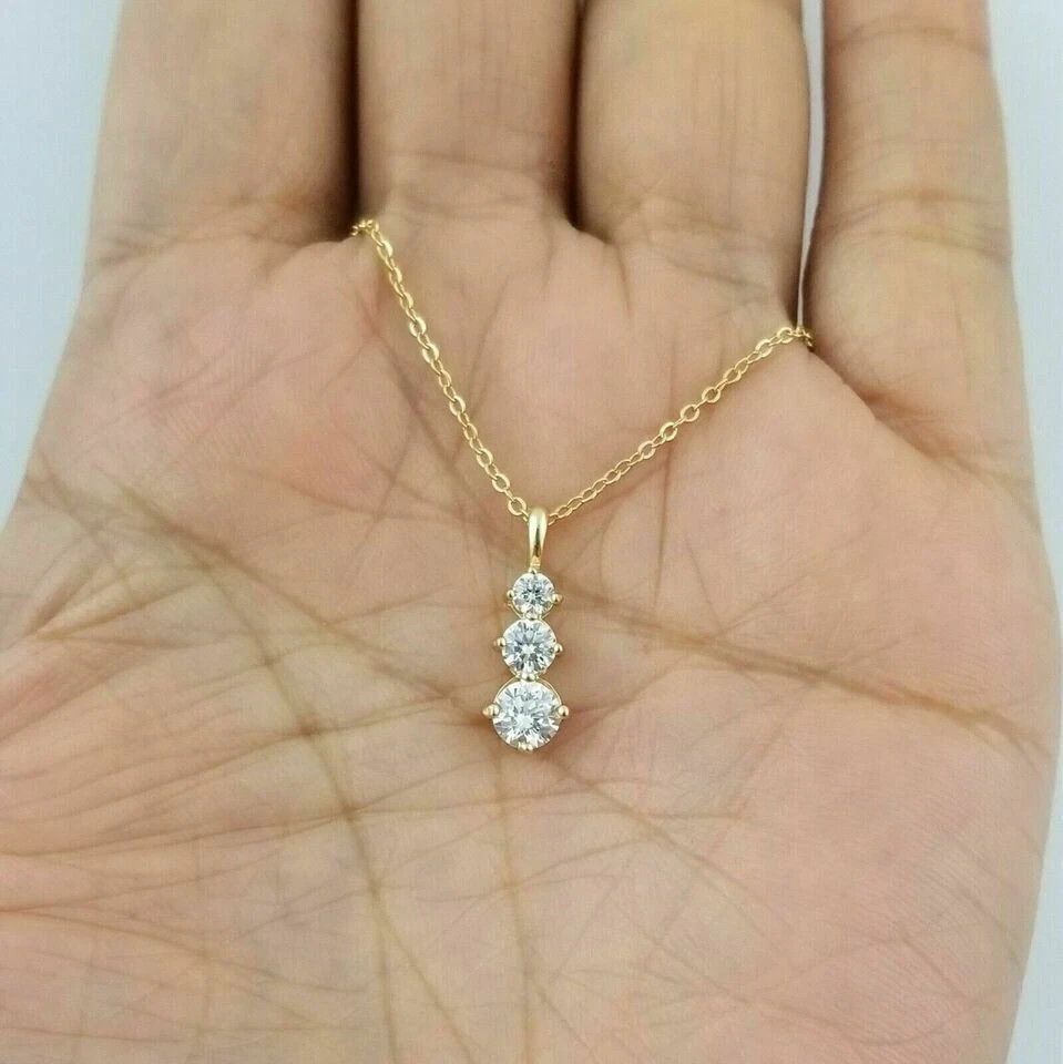 14K Yellow Gold 2Ct lab created diamond Three Stone Journey Pendant